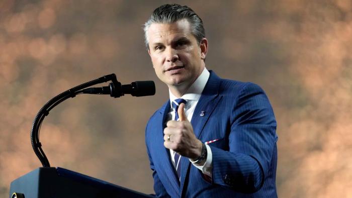 U.S. Secretary of Defense Pete Hegseth speaks at the Al Udeid Air Base, Thursday, May 15, 2025, in Doha, Qatar
