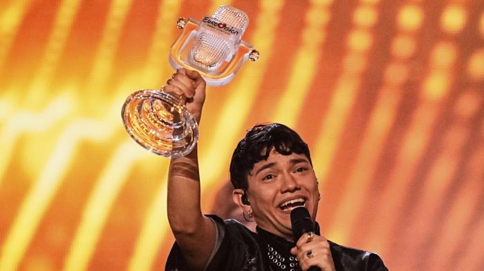 Winner of the Eurovision Song Contest JJ from Austria holds up the trophy onstage he won with the song "Wasted Love" during the Grand Final of the 69th Eurovision Song Contest, in Basel, Switzerland, Saturday, May 17, 2025.