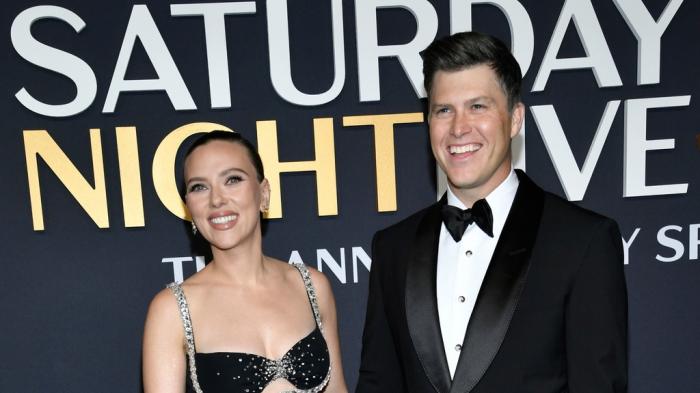 Scarlett Johansson, left, and Colin Jost attend "SNL50: The Anniversary Special" at Rockefeller Plaza on Sunday, Feb. 16, 2025, in New York.