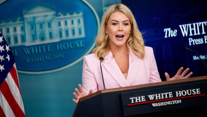 White House press secretary Karoline Leavitt speaks during the daily press briefing in the Brady Press Briefing Room at the White House on April 28, 2025 in Washington, DC. Wednesday of this week will mark the first 100 days of U.S. President Donald Trump's second term