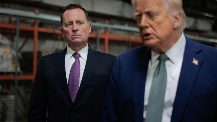 Donald Trump speaks to the media alongside Richard Grenell, President of The Kennedy Center Board of Trustees, March 17, 2025 in Washington, DC.
