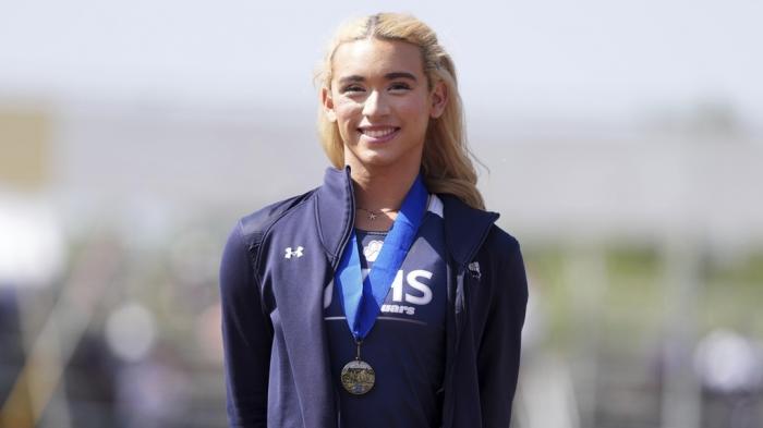 AB Hernandez of Jurupa Valley poses with a medal after winning the girls long jump during the CIF Southern Section Masters Meet at Moorpark High School, Saturday, May 24, 2025, in Moorpark, Calif. 