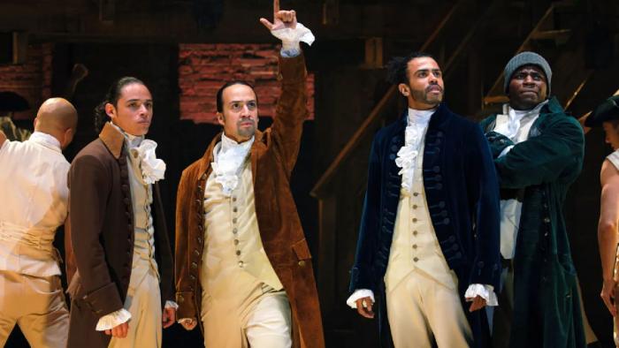 Anthony Ramos is John Laurens, Lin-Manuel Miranda is Alexander Hamilton, Daveed Diggs is the Marquis de Lafayette, and Okieriete Onaodowan is Hercules Mulligan in filmed version of 'HAMILTON'.
