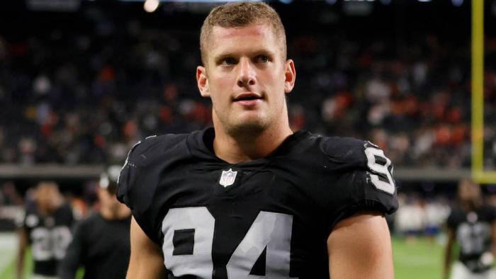 Defensive end Carl Nassib #94 of the Las Vegas Raiders walks off the field the team's 41-14 loss to the Kansas City Chiefs at Allegiant Stadium on November 14, 2021 in Las Vegas, Nevada