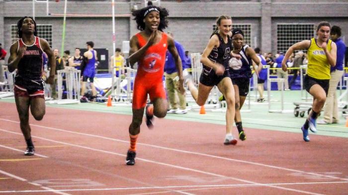Bloomfield High School transgender athlete Terry Miller, second from left, wins the final of the 55-meter dash over transgender athlete Andraya Yearwood, far left, and other runners in the Connecticut girls Class S indoor track meet at Hillhouse High School in New Haven, Conn., Feb. 7, 2019
