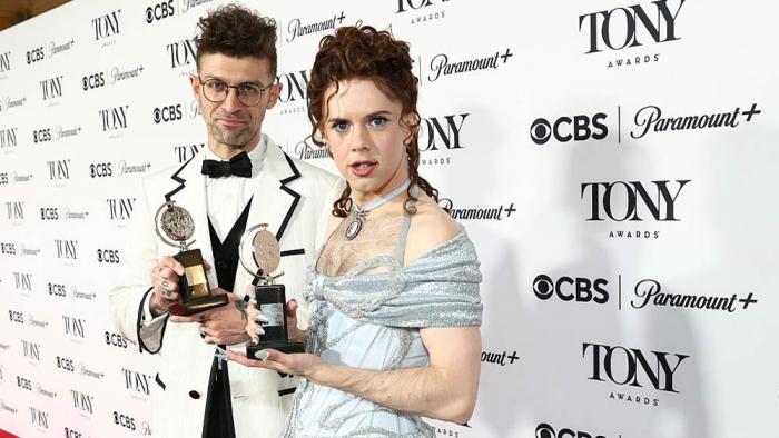 Sam Pinkleton poses with the Best Direction of a Play award for "Oh, Mary!" and Cole Escola poses with the Best Performance by an Actor in a Leading Role in a Play award for "Oh, Mary!" in The 78th Annual Tony Awards Media Room presented by Carnegie Mellon University at 3 West Club on June 08, 2025 in New York City