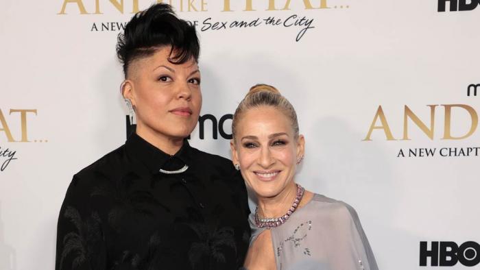 Sara Ramirez and Sarah Jessica Parker attend HBO Max's premiere of "And Just Like That" at Museum of Modern Art on December 08, 2021 in New York City