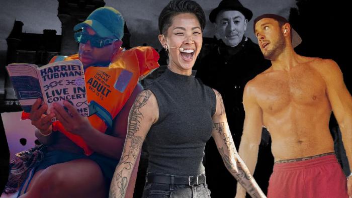 (Foreground, l-r: Monét X Change, Kristen Kish and Colton Underwood. Background: Alan Cumming and the Traitors' castle.
