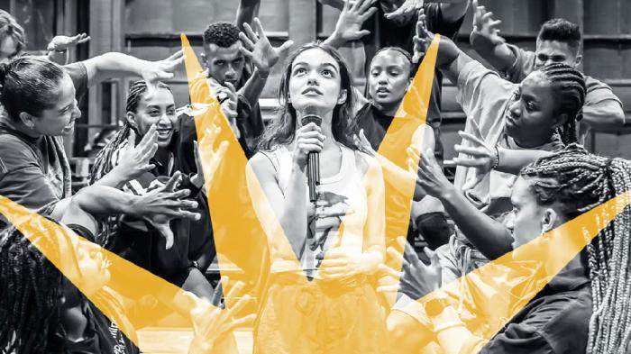 Rachel Zegler and the company of "Evita" in a rehearsal photo for the show's Instagram site.
