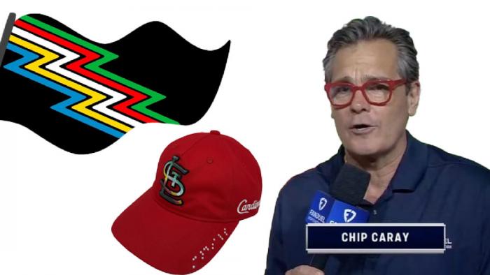 A rendering of a Disability Pride Flag, the St. Louis Cardinal's Disability Pride Hat, and announcer Chip Caray.