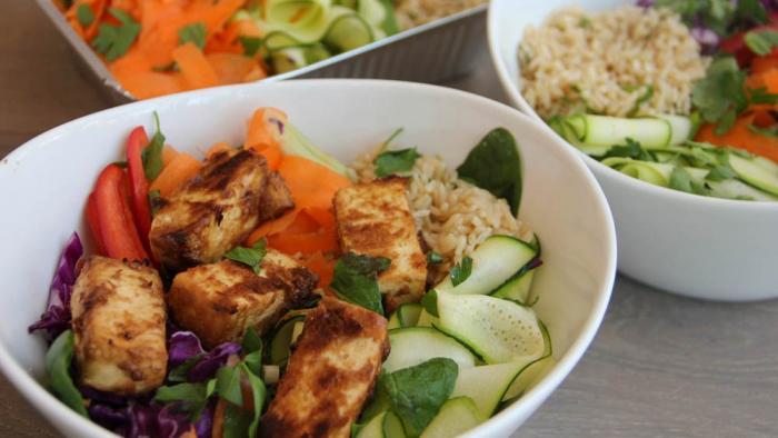 A Thai peanut, vegetable and tofu bowl is displayed for a photograph in Coronado, Calif., on April 29, 2017