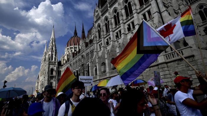 Members and supporters of Hungary's LGBTQ community march through Budapest, on Saturday, July 23, 2022.