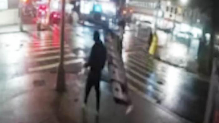 Security footage shows a suspect hurling Pride signs yanked up from in front of the Monster Bar in Greenwich Village and hurling them into the street. The suspect also reportedly showed a knife.