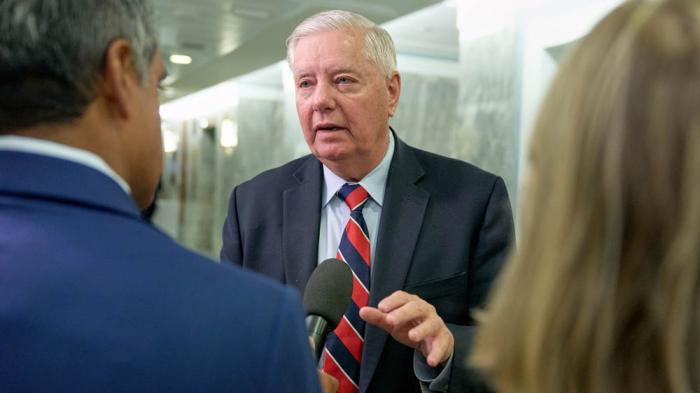 Sen. Lindsey Graham, R-S.C., speaks to reporters after a Senate Committee on Appropriations subcommittee on the Department of Defense hearing on budget estimates for the Navy, Tuesday, June 24, 2025, on Capitol Hill in Washington