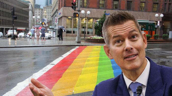 DOT Secretary Sean Duffy against a rainbow painted sidewalk in Boston