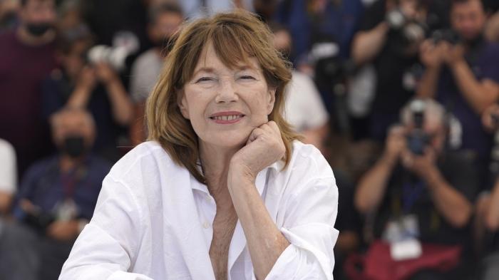 Jane Birkin poses for photographers at the photo call for the film 'Jane By Charlotte' at the 74th international film festival, Cannes, southern France, Thursday, July 8, 2021.