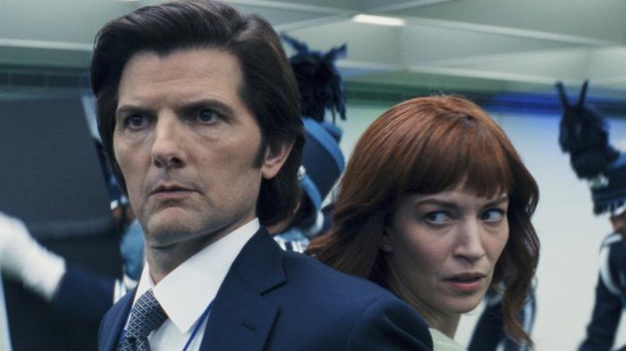 Adam Scott, left, and Britt Lower in a scene from "Severance."